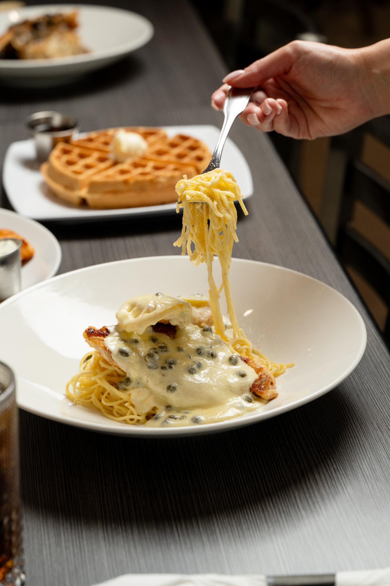 Chicken picatta over angel hair, twirled on a fork